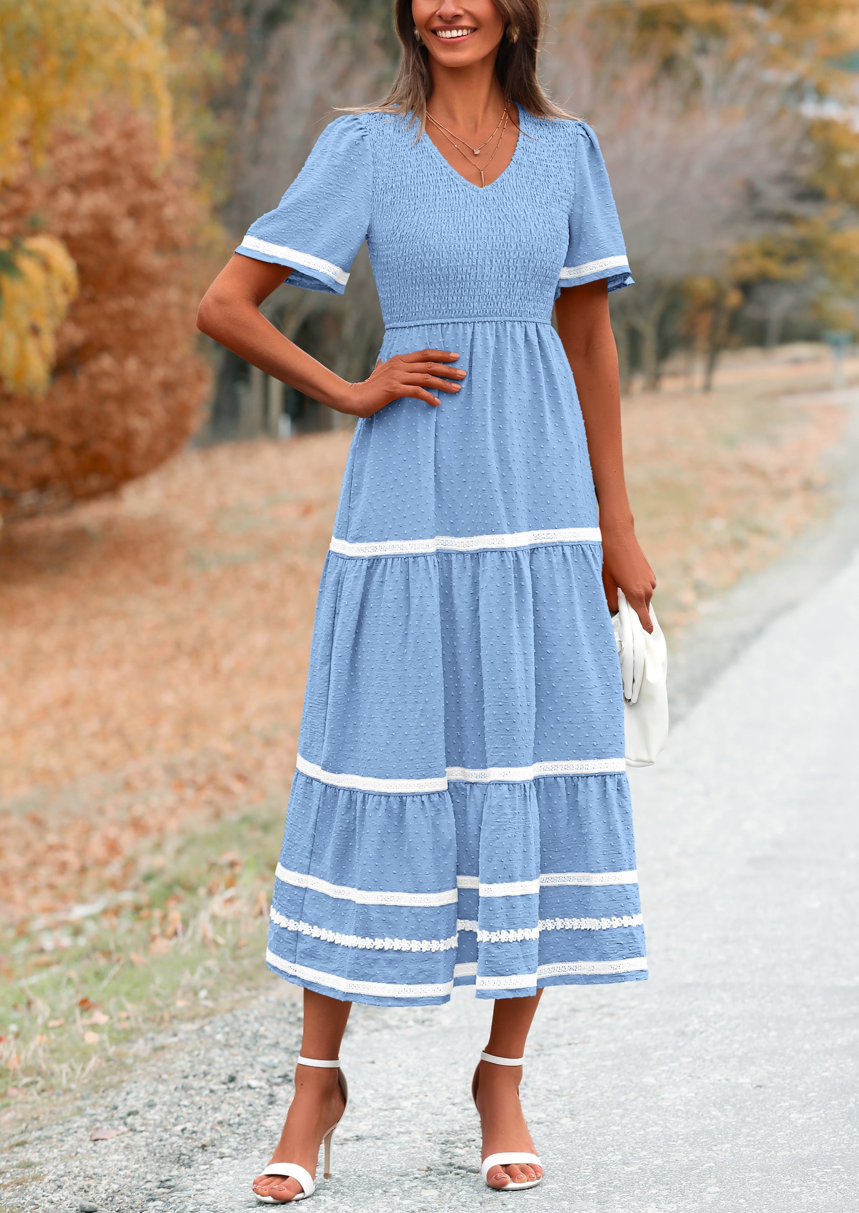 PRETTYGARDEN Women's Casual Summer Maxi Dress Short Sleeve Swiss Dot V Neck Smocked Long Flowy Beach Dresses