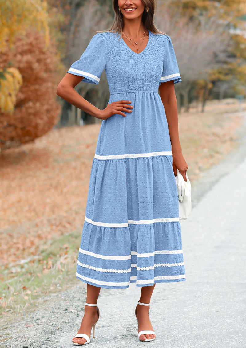 PRETTYGARDEN Women's Casual Summer Maxi Dress Short Sleeve Swiss Dot V Neck Smocked Long Flowy Beach Dresses