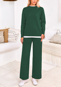 PRETTYGARDEN Two Piece Matching Sweater Lounge Sets Knit Long Sleeve Pullover Tops Wide Leg Pants