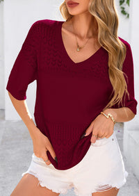 Short Sleeved Casual V-Neck Knitted Small Eye Shirt