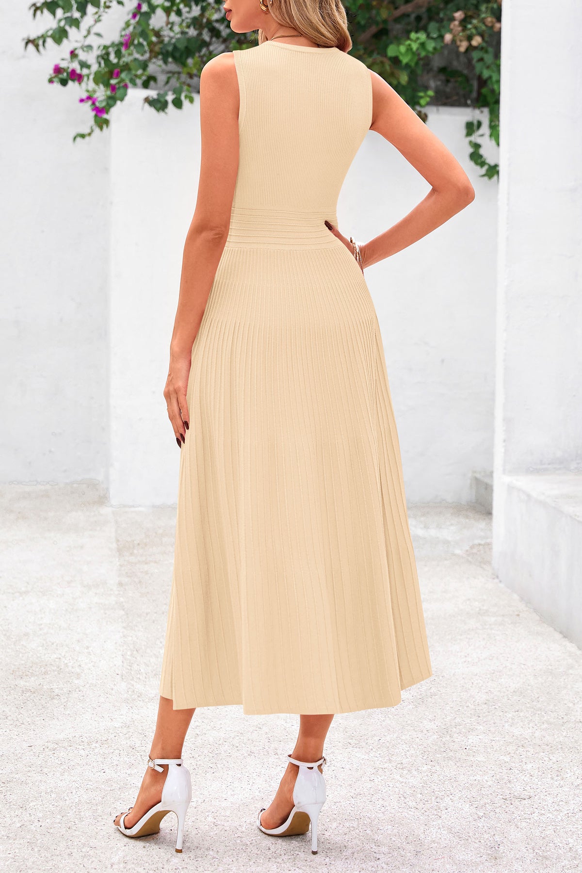 Sleeveless Crew Neck Knit A Line Pleated Swing Wedding Guest Casual Midi Dresses