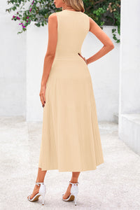 Sleeveless Crew Neck Knit A Line Pleated Swing Wedding Guest Casual Midi Dresses