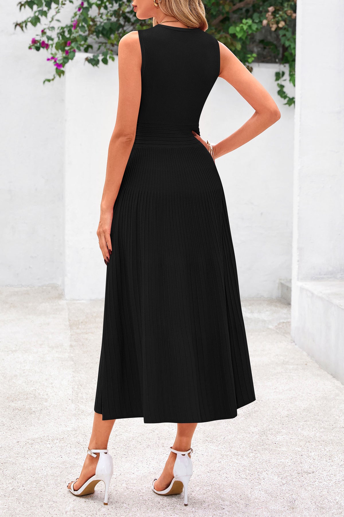 Sleeveless Crew Neck Knit A Line Pleated Swing Wedding Guest Casual Midi Dresses