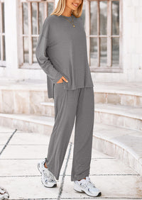 Long Sleeve High Low Tops T-Shirts Wide Leg Pants Two Piece Sets