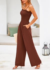 Linen Smocked Spaghetti Strap Pockets Wide Leg Jumpsuits