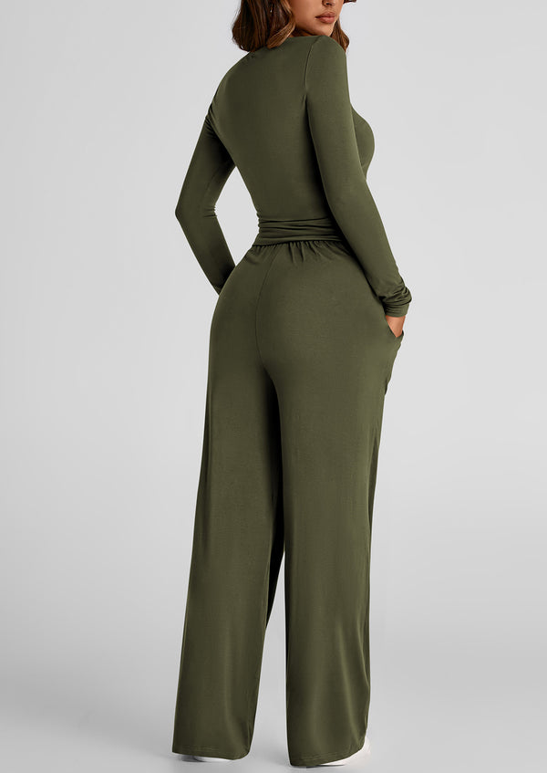 Long Sleeve Crop Tee Wide Leg Pants Two Piece Sets