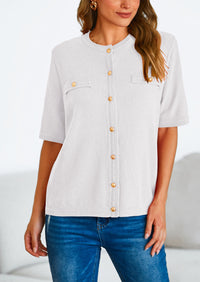 Button Down Casual Short Sleeve Crew Neck Ribbed Knit Shirts