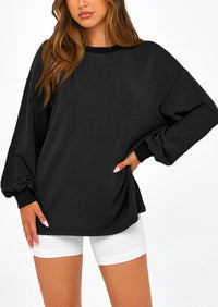 Long Sleeve Casual Loose Crew Neck Ribbed Blouse