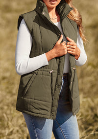 Casual Button Zipper Vest, Drawstring Sleeveless Jacket