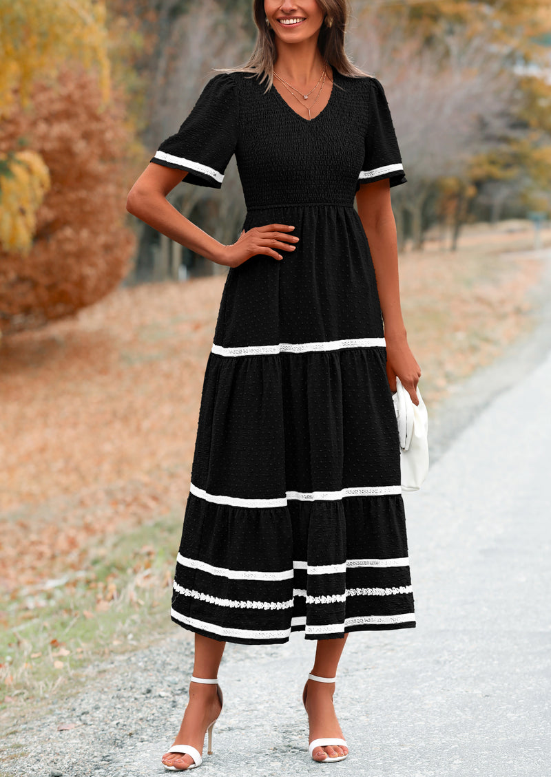 PRETTYGARDEN Women's Casual Summer Maxi Dress Short Sleeve Swiss Dot V Neck Smocked Long Flowy Beach Dresses