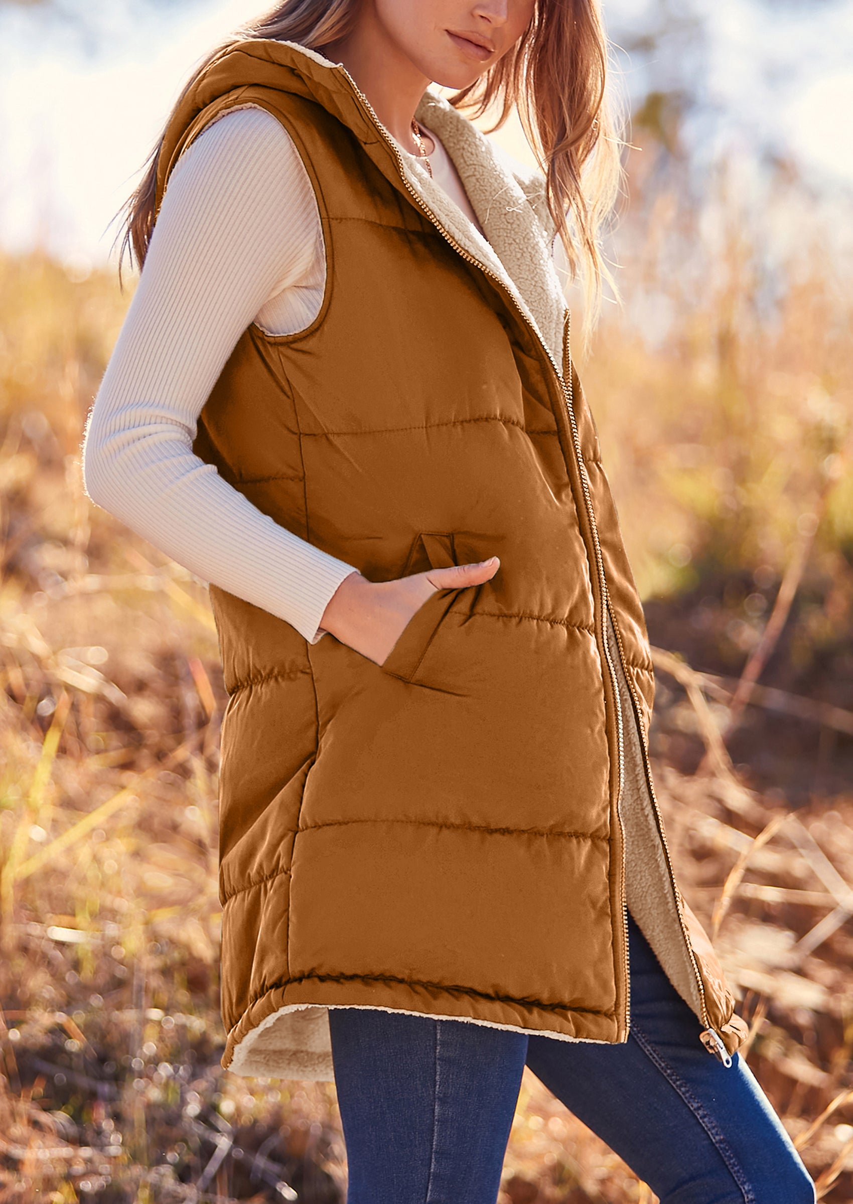 PRETTYGARDEN Womens Fall Reversible Vests Sleeveless Fleece Jacket Zip Up Hoodie Pockets Long Warm Winter Coat Outerwear