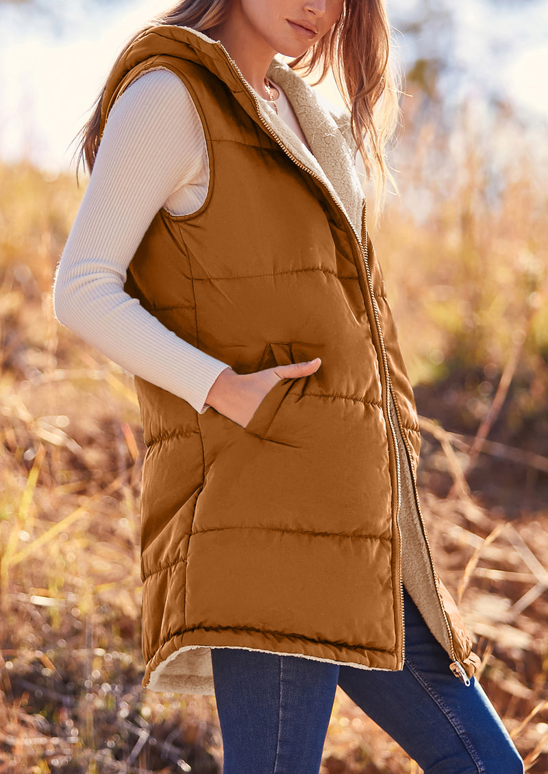 PRETTYGARDEN Womens Fall Reversible Vests Sleeveless Fleece Jacket Zip Up Hoodie Pockets Long Warm Winter Coat Outerwear