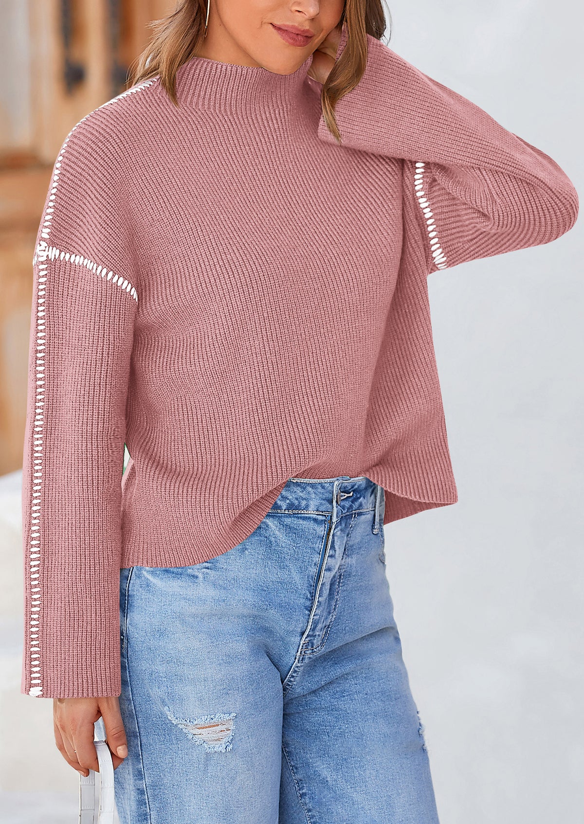 Chunky Knit  Casual Long Sleeve Mock Neck Oversized Loose Sweaters