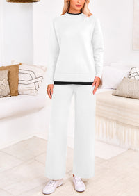 PRETTYGARDEN Two Piece Matching Sweater Lounge Sets Knit Long Sleeve Pullover Tops Wide Leg Pants