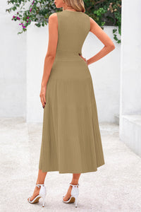 Sleeveless Crew Neck Knit A Line Pleated Swing Wedding Guest Casual Midi Dresses