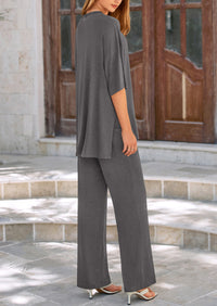 Casual Slit Short Sleeved Top, Loose Wide Leg Pants Two-Piece Set