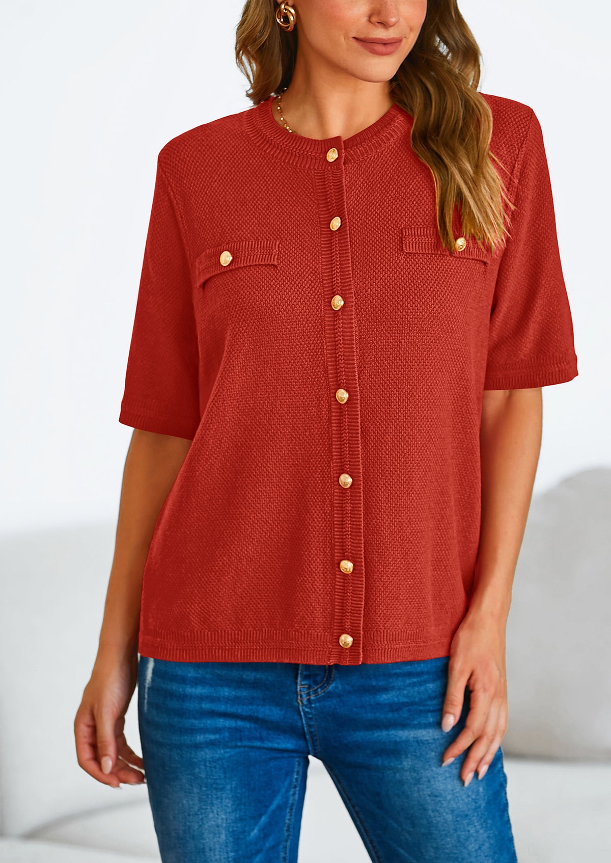 Button Down Casual Short Sleeve Crew Neck Ribbed Knit Shirts