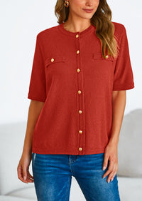 Button Down Casual Short Sleeve Crew Neck Ribbed Knit Shirts