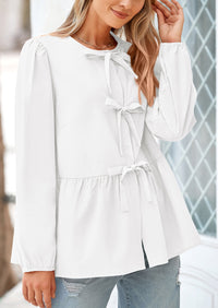 Babydoll Peplum Puff Long Sleeve Bow Tie Front Y2K Blouses