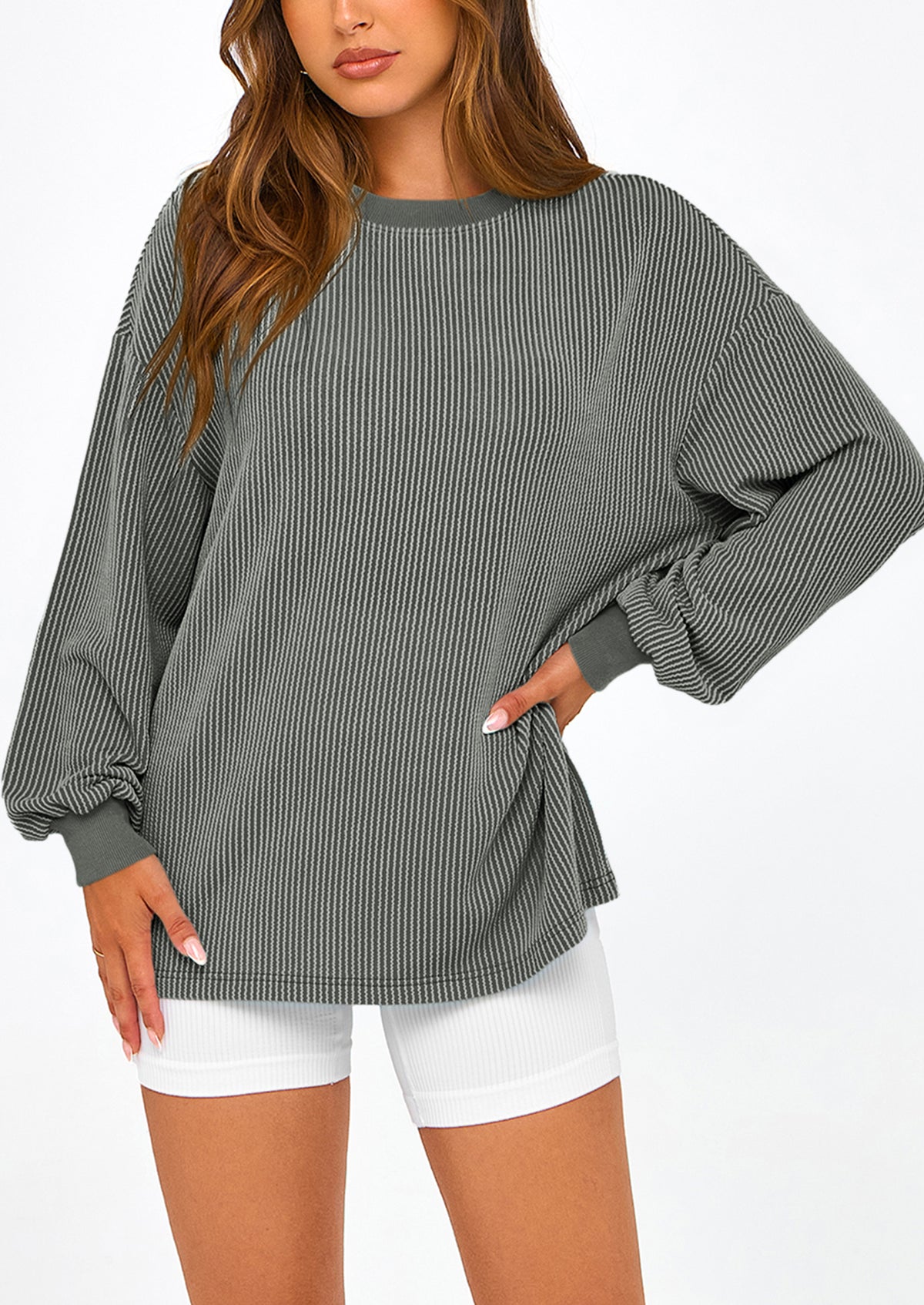 Long Sleeve Casual Loose Crew Neck Ribbed Blouse