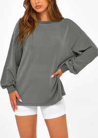 Long Sleeve Casual Loose Crew Neck Ribbed Blouse