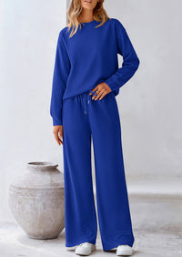 Casual Long Sleeve Pullover Tops and Wide Leg Pants Knitted Two Piece Sets