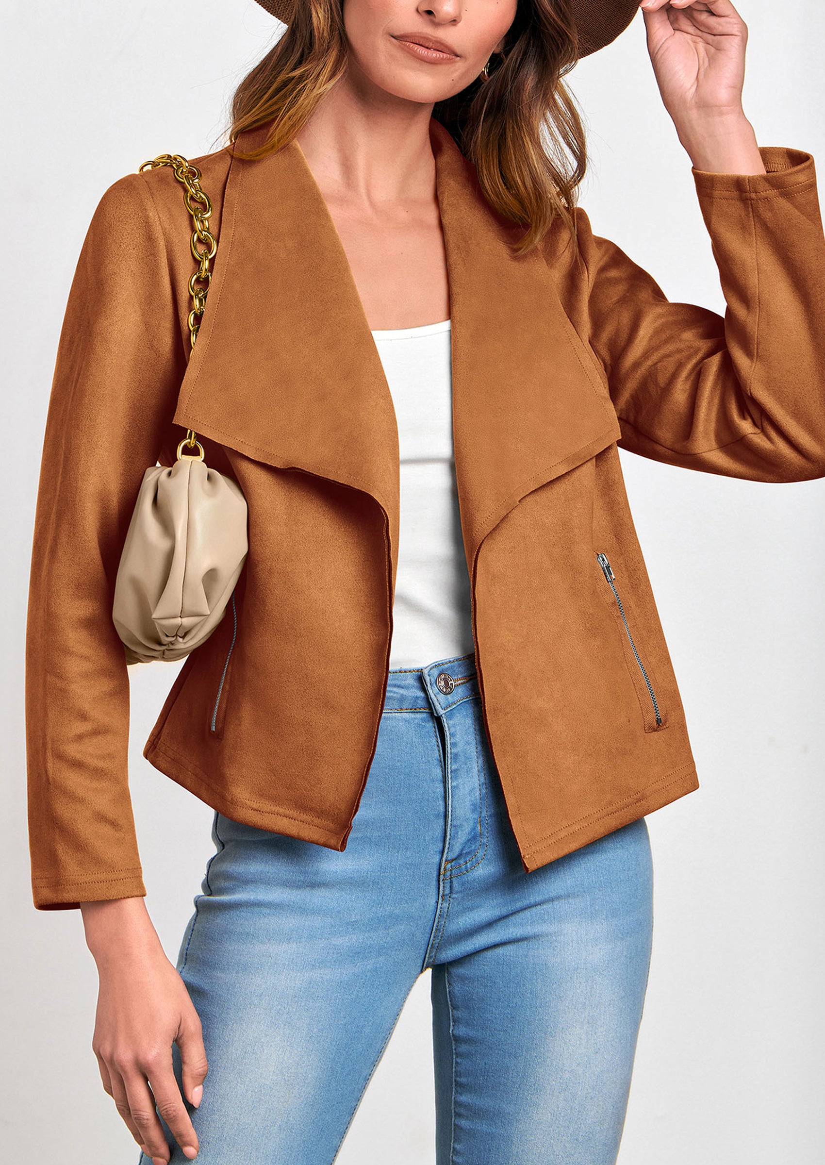 PRETTYGARDEN Women's Faux Suede Jackets Fashion Fall Clothes Long Sleeve Open Front Cropped Coat Outwear