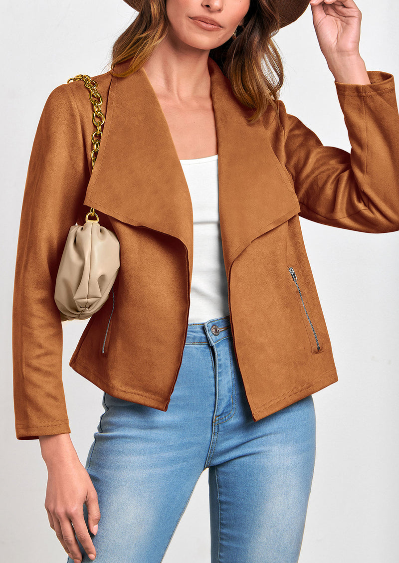 PRETTYGARDEN Women's Faux Suede Jackets Fashion Fall Clothes Long Sleeve Open Front Cropped Coat Outwear