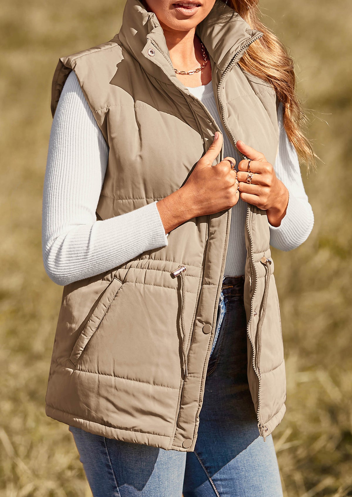 Casual Button Zipper Vest, Drawstring Sleeveless Jacket
