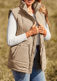 Casual Button Zipper Vest, Drawstring Sleeveless Jacket