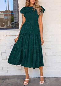 Floral  Summer Cap Sleeve Smocked Ruffle A Line Long Flowy Wedding Guest Midi Dresses