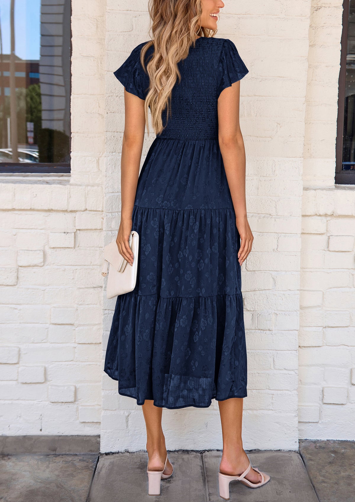 Floral  Summer Cap Sleeve Smocked Ruffle A Line Long Flowy Wedding Guest Midi Dresses