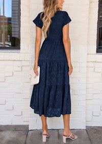Floral  Summer Cap Sleeve Smocked Ruffle A Line Long Flowy Wedding Guest Midi Dresses