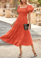 Casual Short Sleeved Square Neck Layered Pleated Dress
