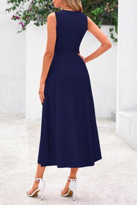 Sleeveless Crew Neck Knit A Line Pleated Swing Wedding Guest Casual Midi Dresses