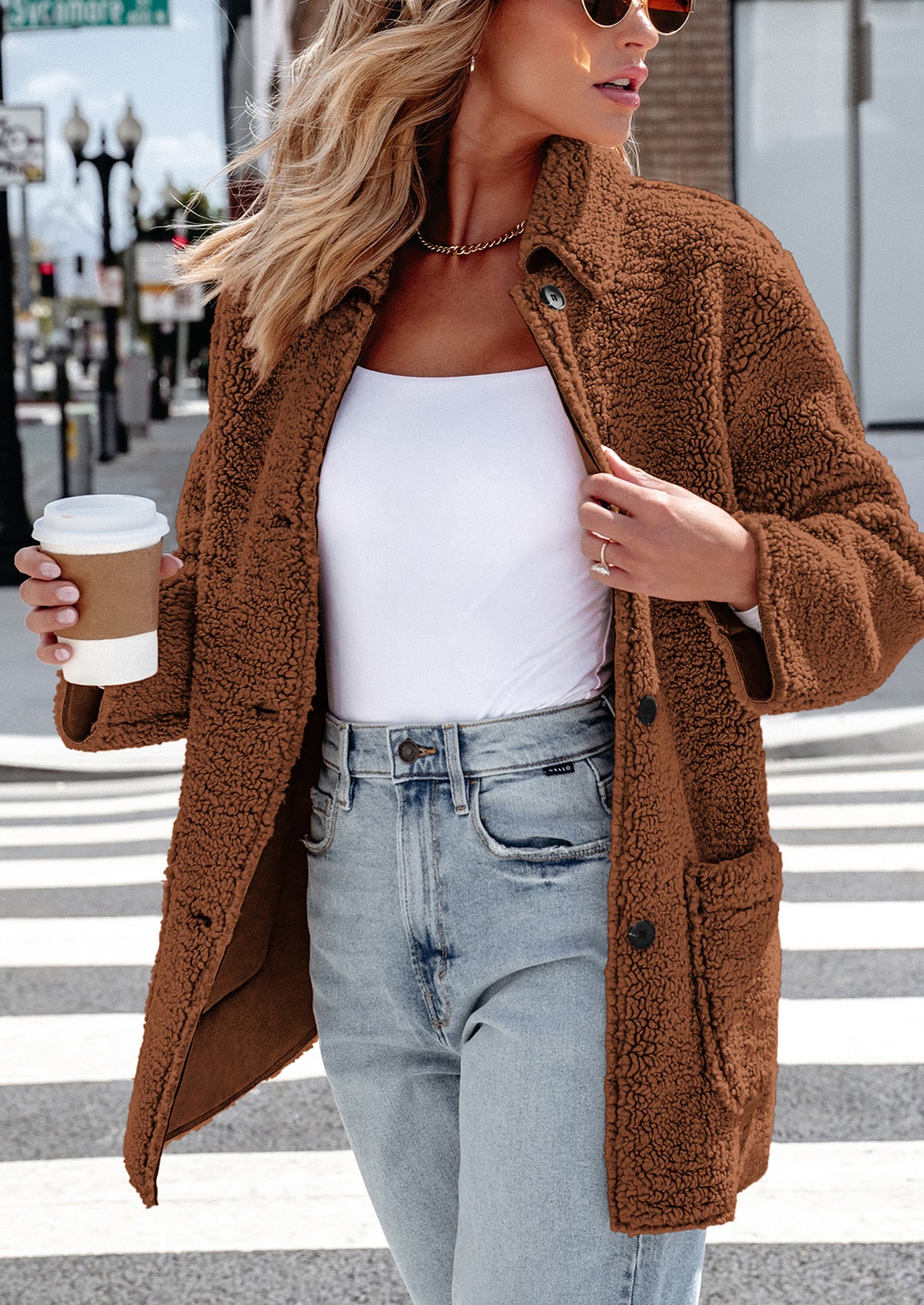 Long Sleeve Lapel Button Down Pockets Fleece Faux Fur Coats