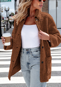 Long Sleeve Lapel Button Down Pockets Fleece Faux Fur Coats