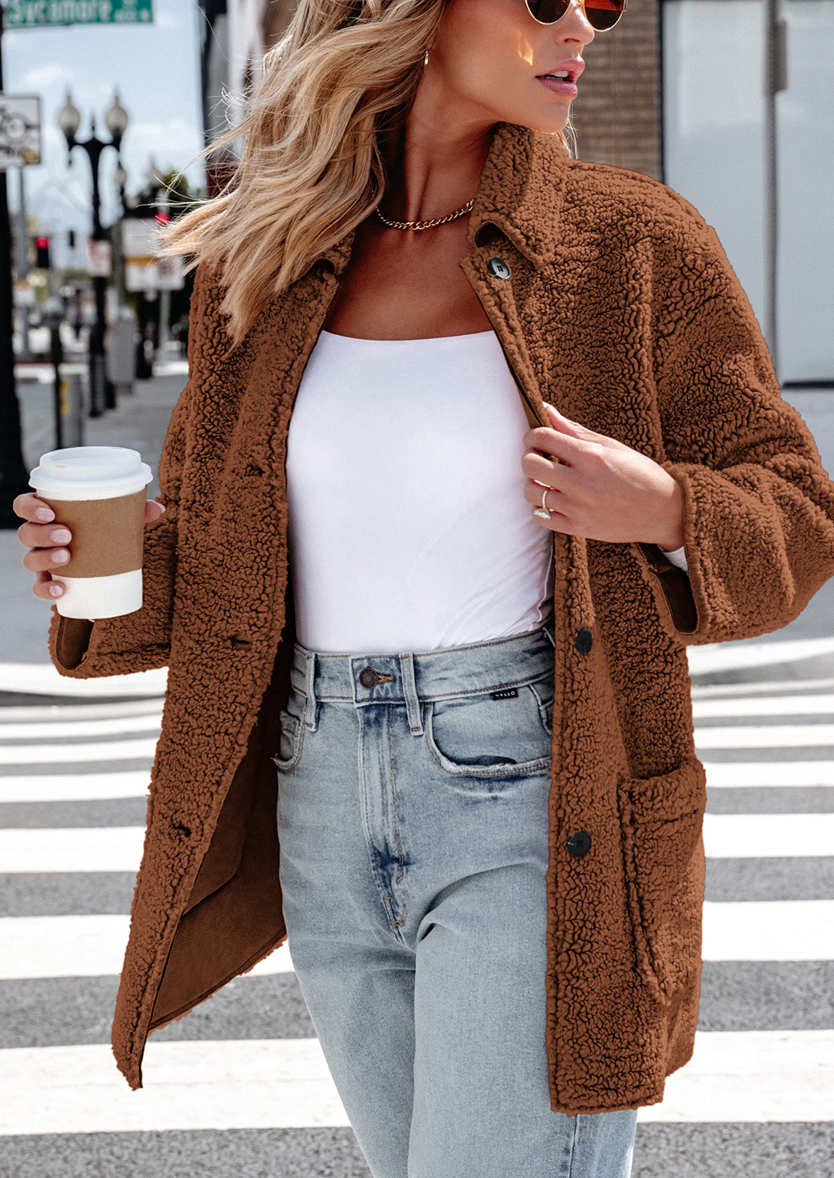 PRETTYGARDEN Women's Winter Faux Fur Coats Long Sleeve Lapel Button Down Pockets Fleece Sherpa Jacket Casual Trendy Outerwear