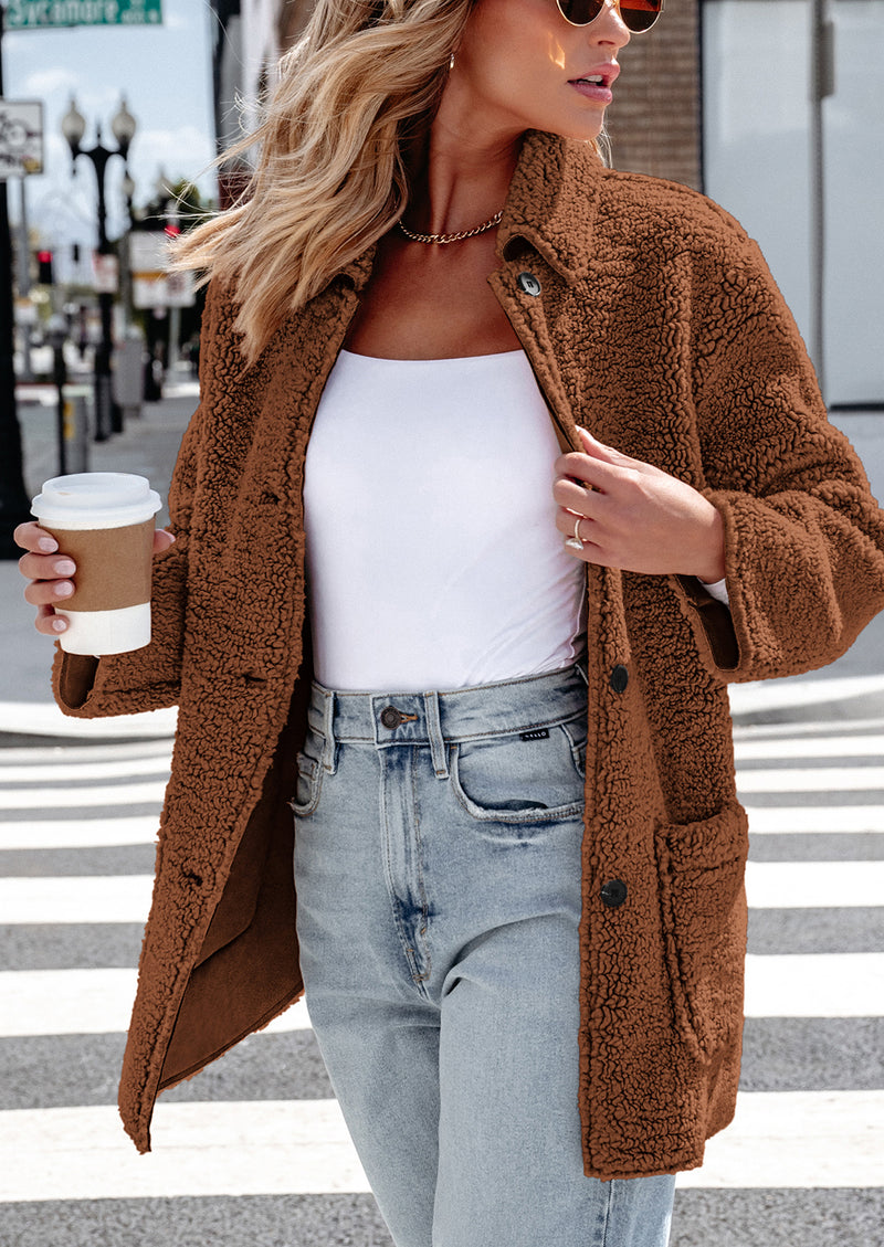 PRETTYGARDEN Women's Winter Faux Fur Coats Long Sleeve Lapel Button Down Pockets Fleece Sherpa Jacket Casual Trendy Outerwear