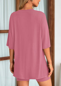 Casual Short Sleeved Round Neck Top Paired With Shorts Two-Piece Set