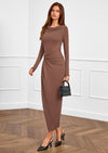 PRETTYGARDEN Women's Fall Wedding Guest Cocktail Midi Dresses Elegant Long Sleeve Bodycon Ruched Dress Fashion Clothing