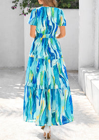 Boho Floral Short Sleeve V Neck A Line Tiered Ruffle Flowy Long Beach Vacation Maxi Dresses