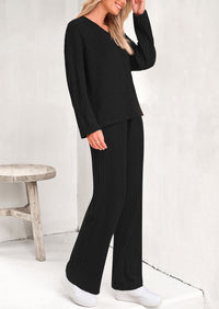 Knitted Long Sleeved V-Neck Pullover, Wide Leg Long Pants Two-Piece Set