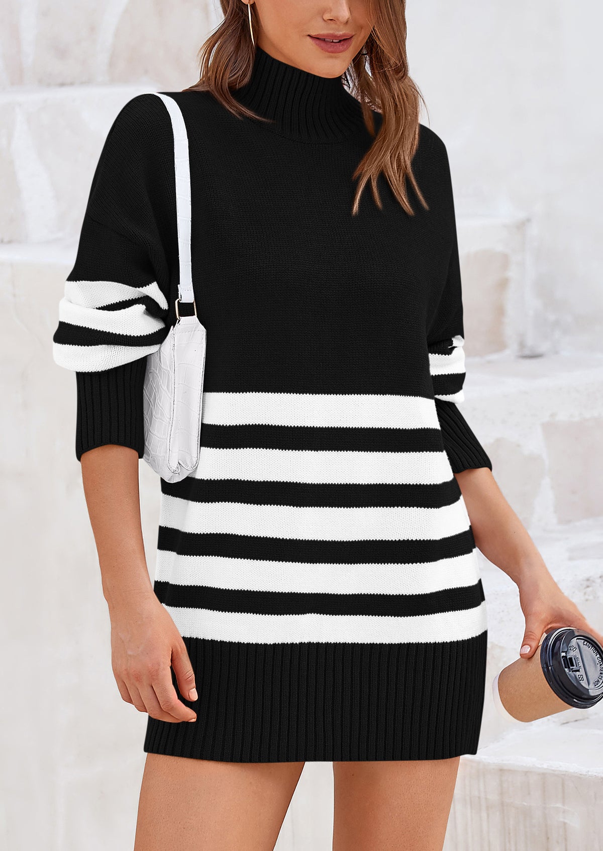 Striped Turtleneck Long Sleeve Loose Fit Chunky Knit Casual Mini Sweater Dresses