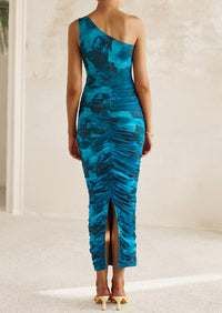 One Shoulder Bodycon Printed Ruched Mesh Party Cocktail Fitted Long Dress