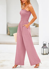 Linen Smocked Spaghetti Strap Pockets Wide Leg Jumpsuits