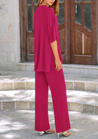 Short Sleeve Pullover Tops And Wide Leg Pants Two Piece Sets