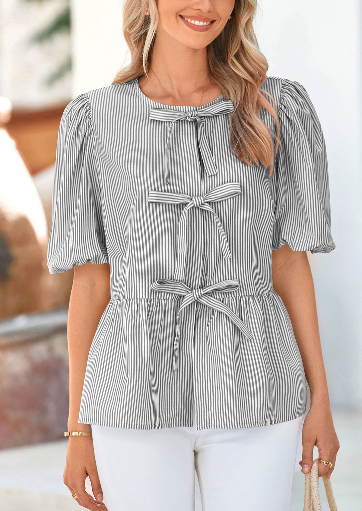 Striped Round Neck Front, Lace Up Bubble Sleeves Tops