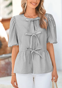 Striped Round Neck Front, Lace Up Bubble Sleeves Tops