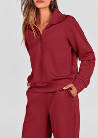 Flip Collar Half Zip Top And Wide Leg Pants Casual Two-Piece Set